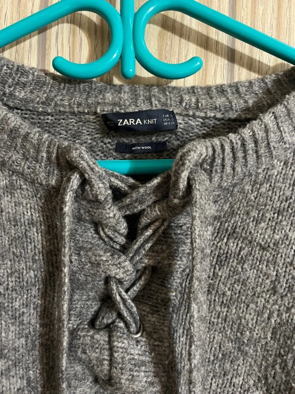 ZARA Wool, Heather Gray Lace-Up Crewneck Sweater - Picture 2 of 5